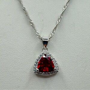 Elegant Silver Ruby Red Crystal Trillion Pendant Necklace